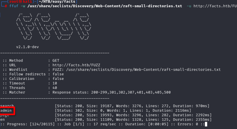 ffuf results showing /admin